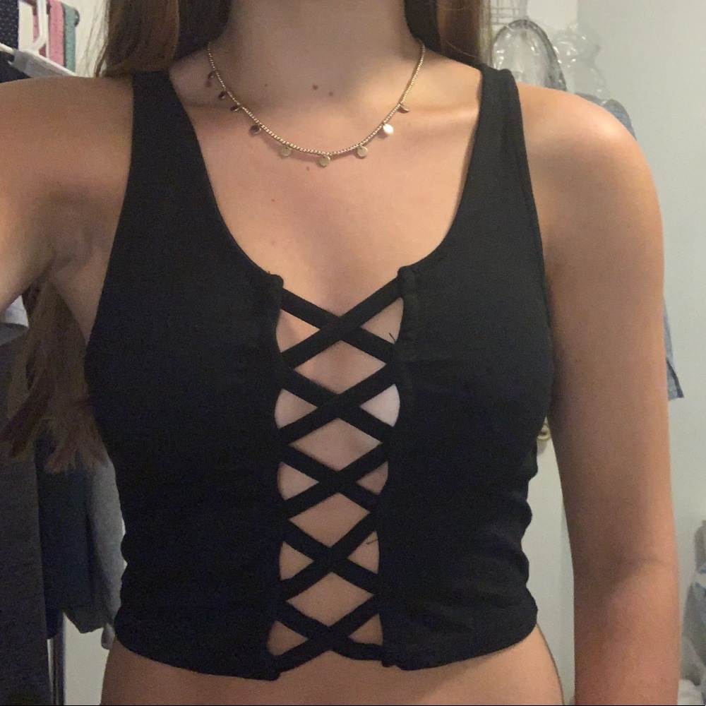 Black top with criss cross down the middle